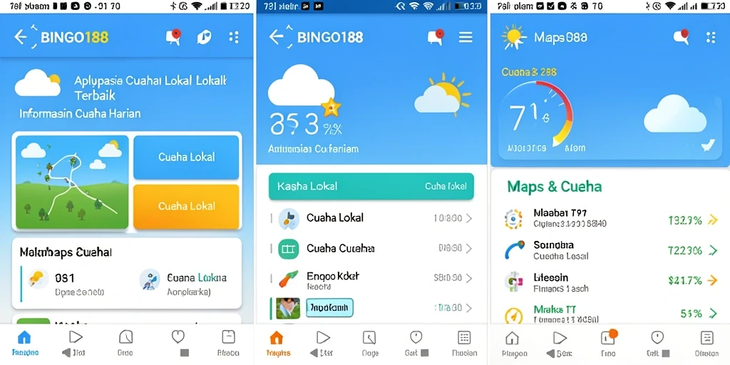 Tampilan utama aplikasi BINGO188 dengan informasi cuaca lokal.