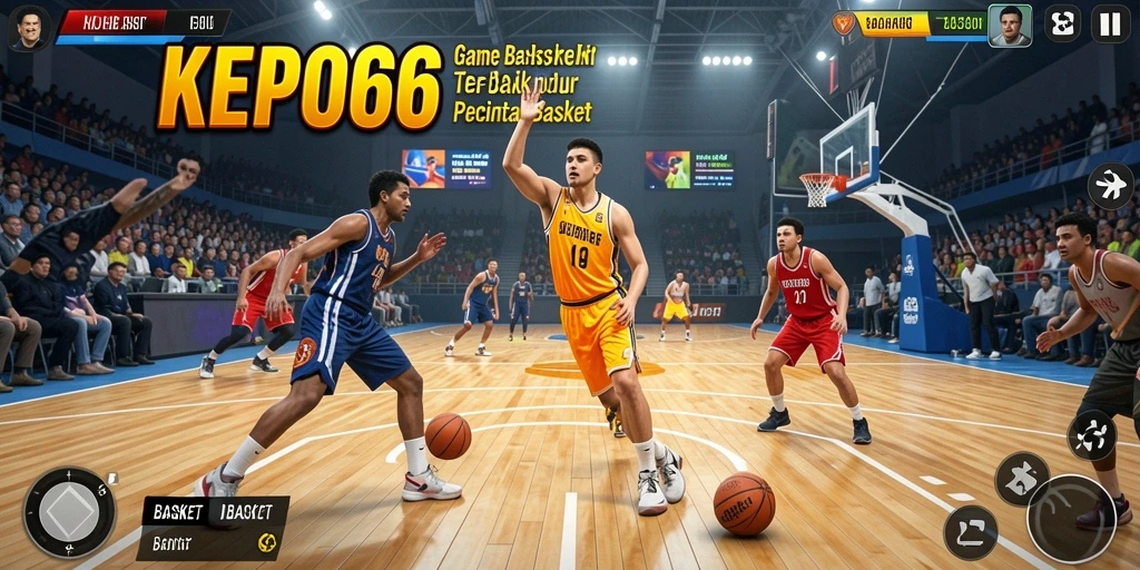 Tampilan antarmuka utama KEPO66 dengan karakter basket dalam aksi.